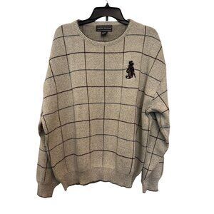 David Taylor XL Mens Windowpane Sweater Beige Pattern Golf Themed Embroidered Pu